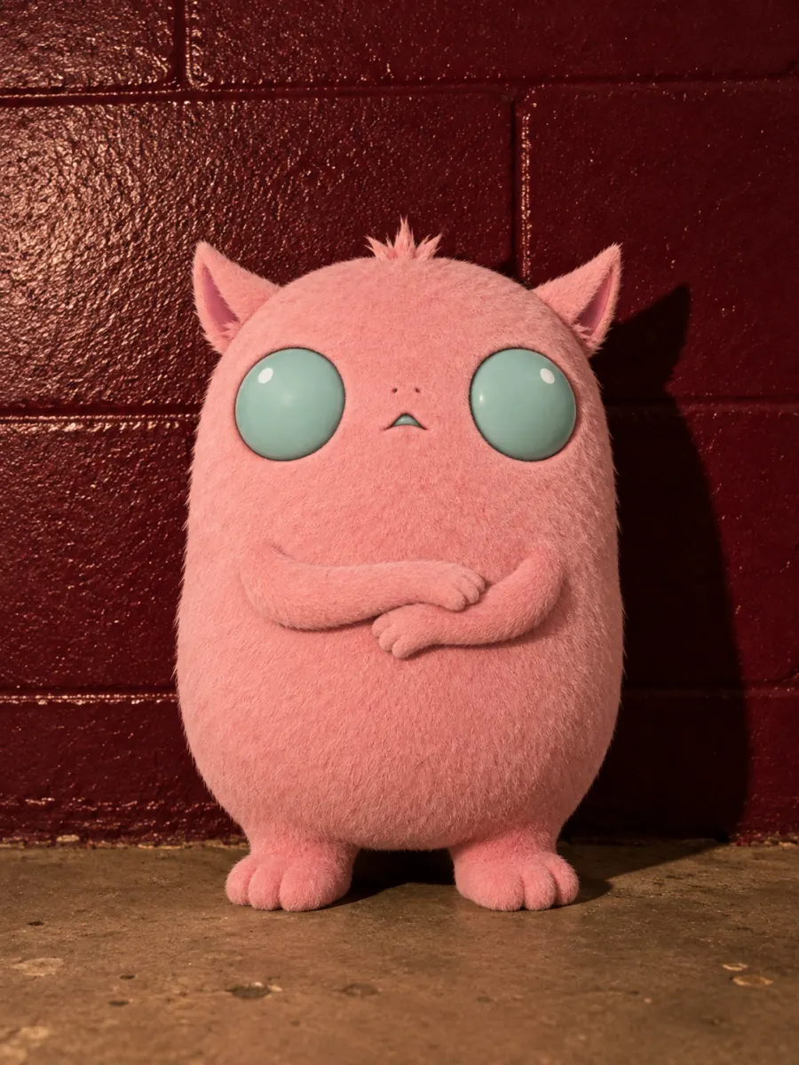 The plush from the OnceOver app icon, arms folded, against a maroon wall.